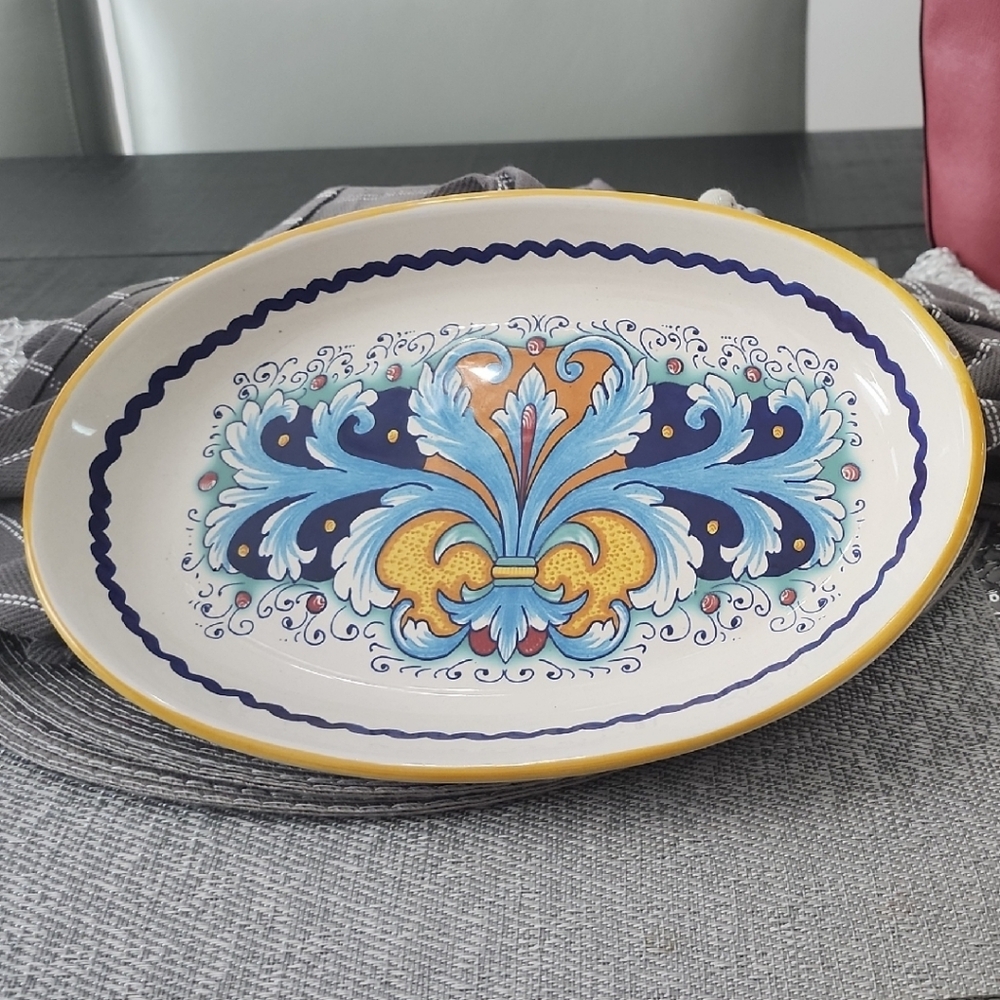 Blue and Gold Ceramic Art Plate with Folk Design